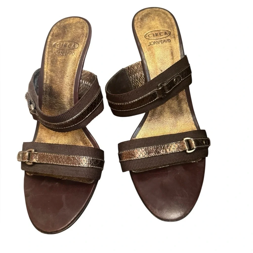 CIRCA JOAN & DAVID Leather And Canvas SZ 8 Open Toe Heel 2 Strap Y2K Bronze EUC